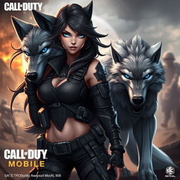 A fierce and stunning character inspired by Scylla Rose from Call of Duty Mobile, featuring her signature edgy, tactical attire, combined with the elements of a majestic gray wolf