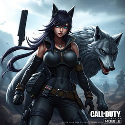 A fierce and stunning character inspired by Scylla Rose from Call of Duty Mobile, featuring her signature edgy, tactical attire, combined with the elements of a majestic gray wolf