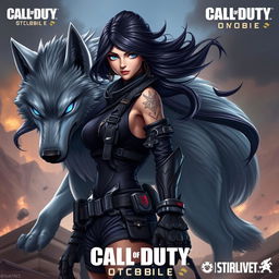 A fierce and stunning character inspired by Scylla Rose from Call of Duty Mobile, featuring her signature edgy, tactical attire, combined with the elements of a majestic gray wolf