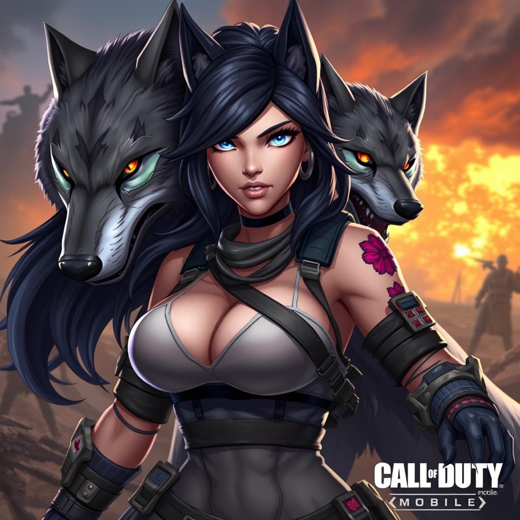 A fierce and stunning character inspired by Scylla Rose from Call of Duty Mobile, featuring her signature edgy, tactical attire, combined with the elements of a majestic gray wolf