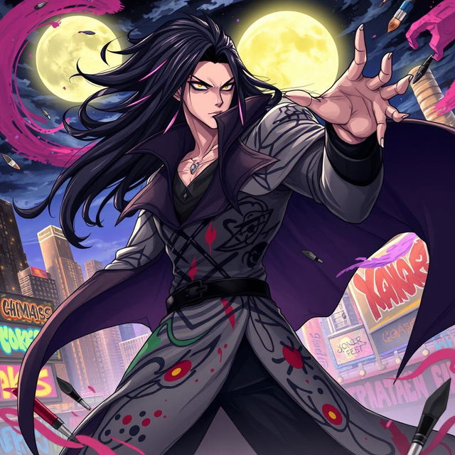 A powerful anime supervillain named Yazdan, depicted with striking features and a dramatic presence