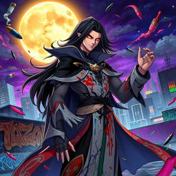 A powerful anime supervillain named Yazdan, depicted with striking features and a dramatic presence