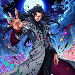 A powerful anime supervillain named Yazdan, depicted with striking features and a dramatic presence