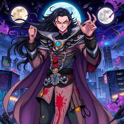 A powerful anime supervillain named Yazdan, depicted with striking features and a dramatic presence