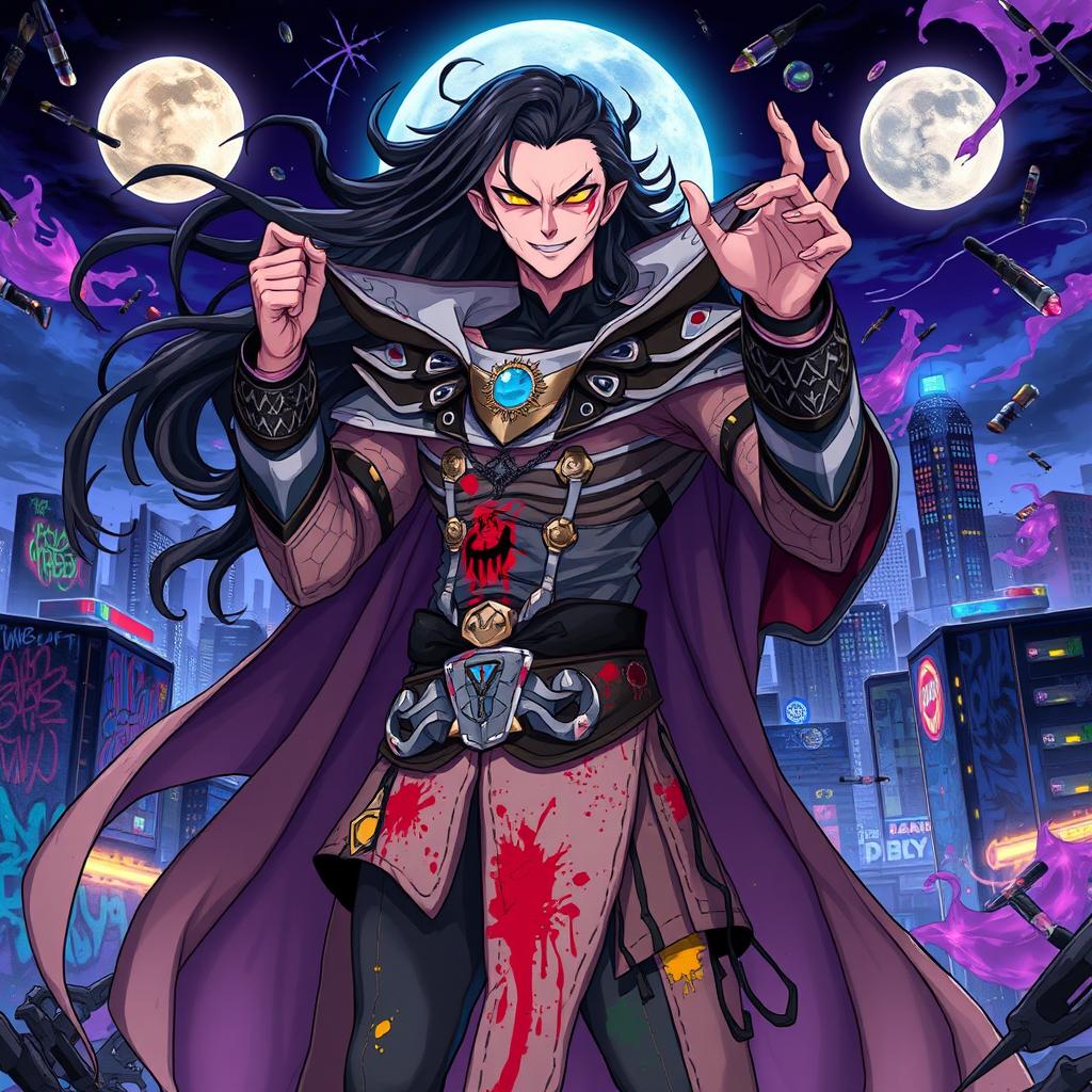 A powerful anime supervillain named Yazdan, depicted with striking features and a dramatic presence