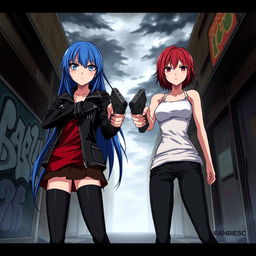 An intense anime scene featuring two girls facing each other, both pointing guns at one another