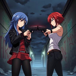An intense anime scene featuring two girls facing each other, both pointing guns at one another