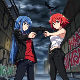 An intense anime scene featuring two girls facing each other, both pointing guns at one another