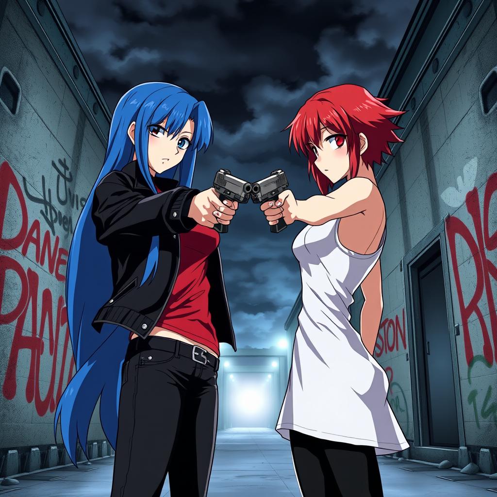 An intense anime scene featuring two girls facing each other, both pointing guns at one another