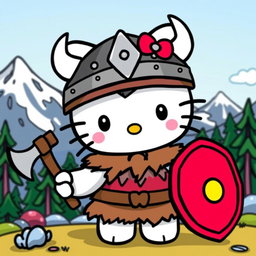 A cute Viking version of Hello Kitty, wearing a traditional Viking helmet with horns, a furry tunic, and holding a tiny shield and axe