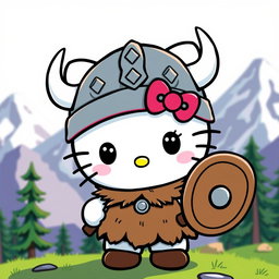 A cute Viking version of Hello Kitty, wearing a traditional Viking helmet with horns, a furry tunic, and holding a tiny shield and axe
