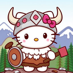 A cute Viking version of Hello Kitty, wearing a traditional Viking helmet with horns, a furry tunic, and holding a tiny shield and axe