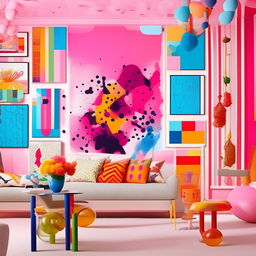 A stylish room with pop design elements, complete with vibrant colors, bold patterns, and artistic touches. The room should embody a fun, dynamic atmosphere.