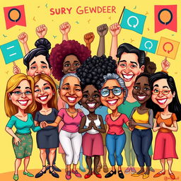 A lively and colorful caricature depicting a diverse range of people from different genders, backgrounds, and ethnicities coming together in harmony, symbolizing gender equality