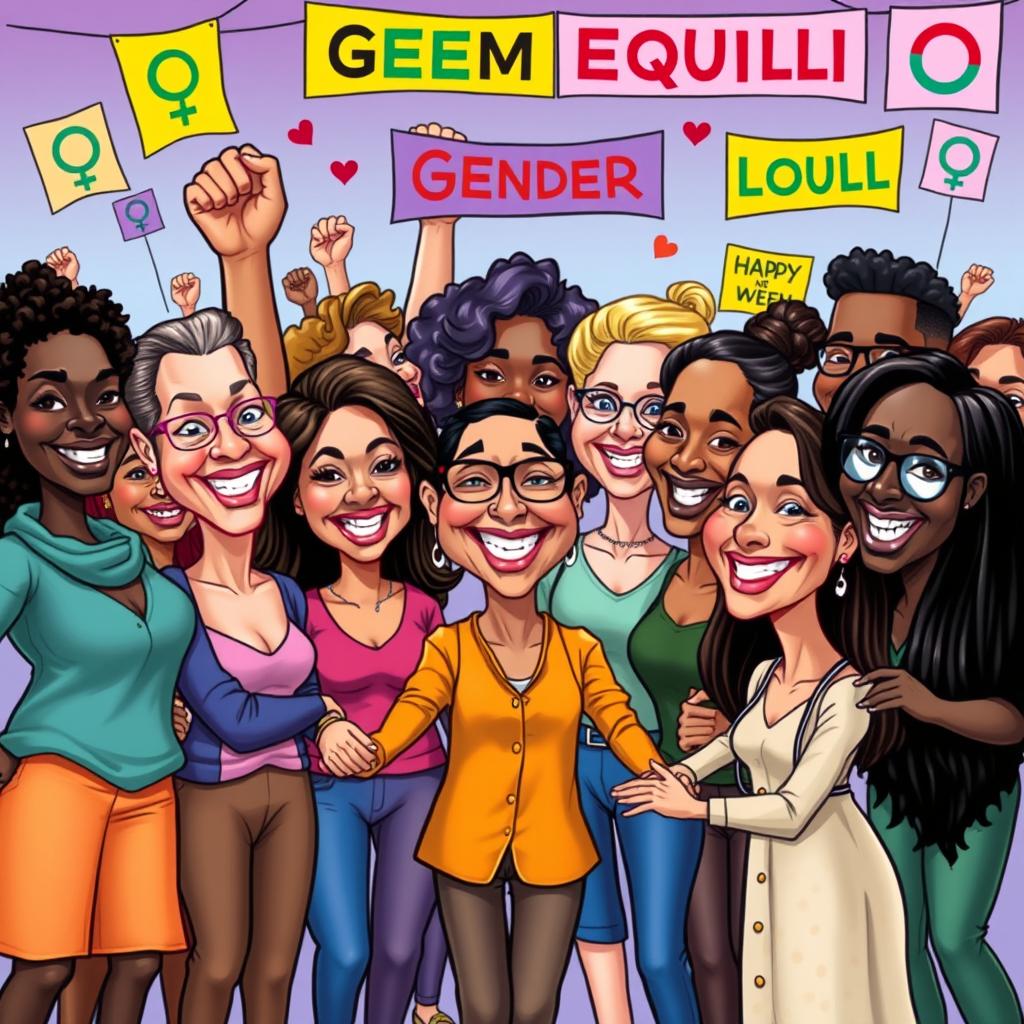 A lively and colorful caricature depicting a diverse range of people from different genders, backgrounds, and ethnicities coming together in harmony, symbolizing gender equality