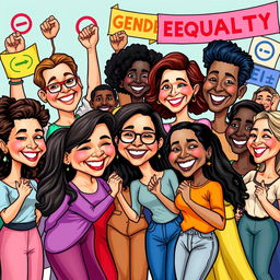 A lively and colorful caricature depicting a diverse range of people from different genders, backgrounds, and ethnicities coming together in harmony, symbolizing gender equality