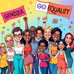 A lively and colorful caricature depicting a diverse range of people from different genders, backgrounds, and ethnicities coming together in harmony, symbolizing gender equality