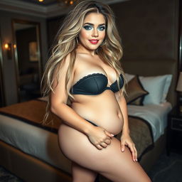 A full-length photograph of a sexy, beautiful, plump young woman, 18 years old, characterized by very thick, long, messy dirty blonde hair flowing freely