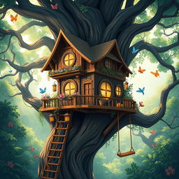 A captivating illustration of 'Rumah Pohon Bangkit', a mystical treehouse nestled high in the branches of a giant, ancient tree