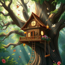 A captivating illustration of 'Rumah Pohon Bangkit', a mystical treehouse nestled high in the branches of a giant, ancient tree