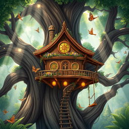A captivating illustration of 'Rumah Pohon Bangkit', a mystical treehouse nestled high in the branches of a giant, ancient tree
