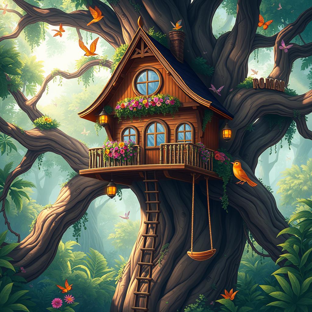 A captivating illustration of 'Rumah Pohon Bangkit', a mystical treehouse nestled high in the branches of a giant, ancient tree