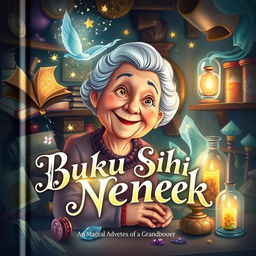 A captivating book cover design for 'Buku Sihir Nenek', an enchanting storybook about the magical adventures of a grandmother