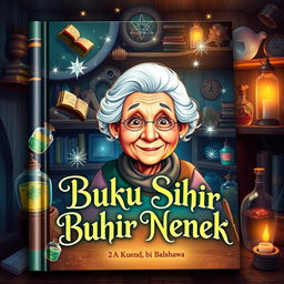 A captivating book cover design for 'Buku Sihir Nenek', an enchanting storybook about the magical adventures of a grandmother