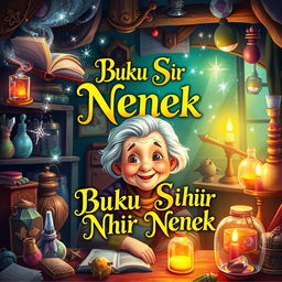A captivating book cover design for 'Buku Sihir Nenek', an enchanting storybook about the magical adventures of a grandmother