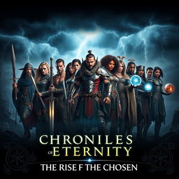 A dramatic and immersive film poster for "Chronicles of Eternity: The Rise of the Chosen", featuring a group of diverse human heroes standing triumphantly against a dark and ominous backdrop