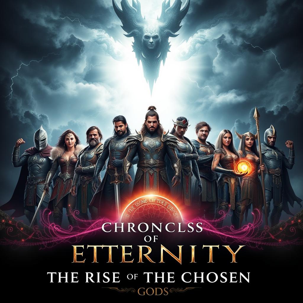 A dramatic and immersive film poster for "Chronicles of Eternity: The Rise of the Chosen", featuring a group of diverse human heroes standing triumphantly against a dark and ominous backdrop
