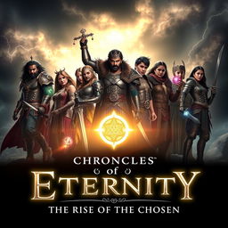 A dramatic and immersive film poster for "Chronicles of Eternity: The Rise of the Chosen", featuring a group of diverse human heroes standing triumphantly against a dark and ominous backdrop