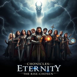 A dramatic and immersive film poster for "Chronicles of Eternity: The Rise of the Chosen", featuring a group of diverse human heroes standing triumphantly against a dark and ominous backdrop