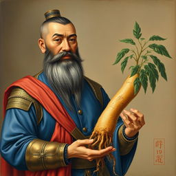 A Vietnamese style painting from the early 18th century depicting a middle-aged general with a typical Vietnamese face: he has a long beard, gentle yet strong eyes, brown skin, a straight nose with a large tip indicating benevolence, and thick lips characteristic of tropical people