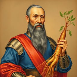 A Vietnamese style painting from the early 18th century depicting a middle-aged general with a typical Vietnamese face: he has a long beard, gentle yet strong eyes, brown skin, a straight nose with a large tip indicating benevolence, and thick lips characteristic of tropical people