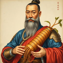A Vietnamese style painting from the early 18th century depicting a middle-aged general with a typical Vietnamese face: he has a long beard, gentle yet strong eyes, brown skin, a straight nose with a large tip indicating benevolence, and thick lips characteristic of tropical people