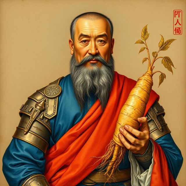 A Vietnamese style painting from the early 18th century depicting a middle-aged general with a typical Vietnamese face: he has a long beard, gentle yet strong eyes, brown skin, a straight nose with a large tip indicating benevolence, and thick lips characteristic of tropical people