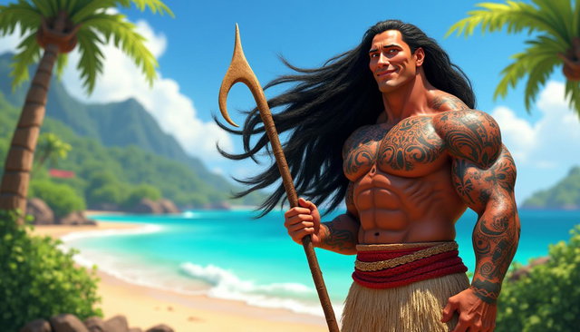 A vibrant and captivating scene depicting Dwayne Johnson as the character Maui from the animated movie Moana
