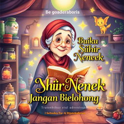 An enchanting book cover design for 'Buku Sihir Nenek: Jangan Berbohong', illustrating the magical adventures of a grandmother teaching important life lessons