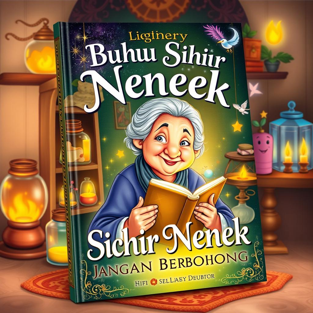 An enchanting book cover design for 'Buku Sihir Nenek: Jangan Berbohong', illustrating the magical adventures of a grandmother teaching important life lessons