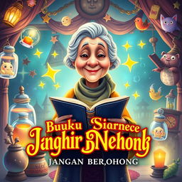 An enchanting book cover design for 'Buku Sihir Nenek: Jangan Berbohong', illustrating the magical adventures of a grandmother teaching important life lessons