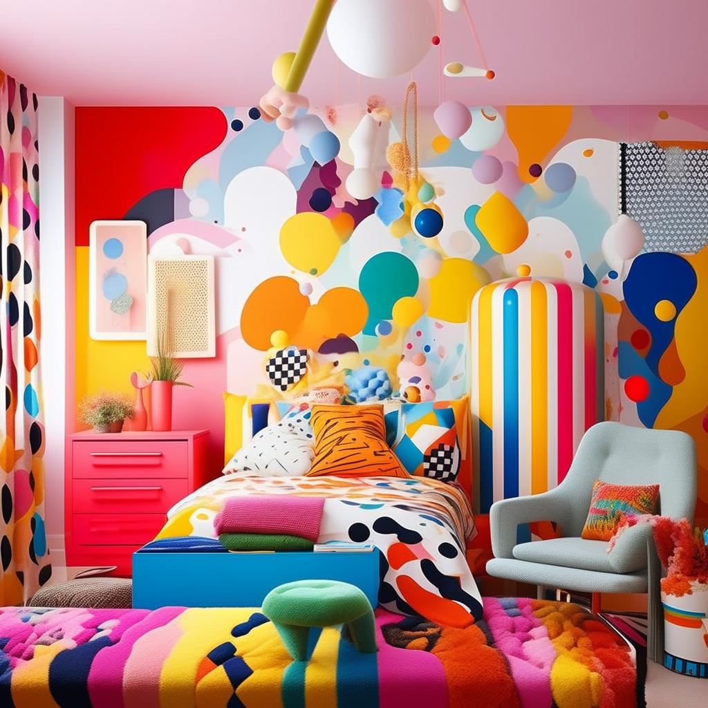 A stylish room with pop design elements, complete with vibrant colors, bold patterns, and artistic touches. The room should embody a fun, dynamic atmosphere.