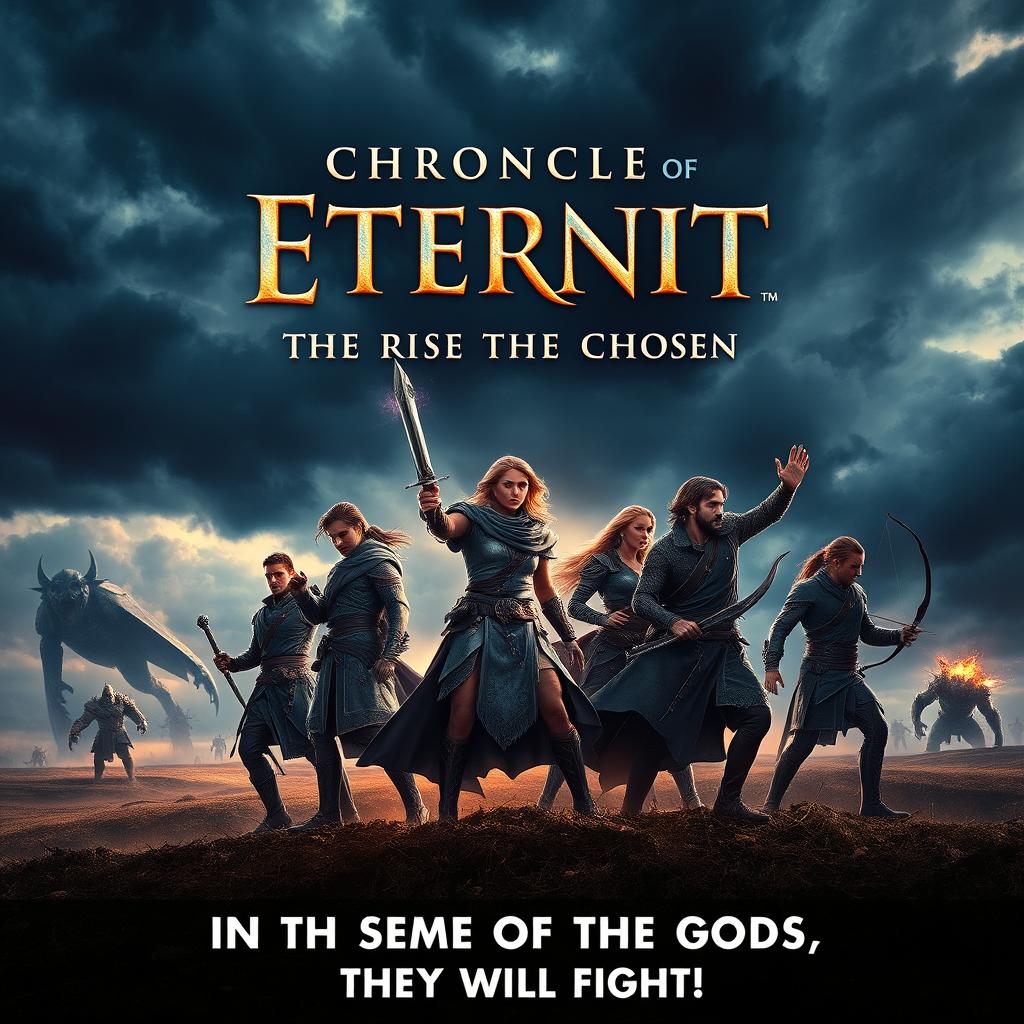 A dramatic film poster for 'Chronicles of Eternity: The Rise of the Chosen', depicting a group of heroic human figures standing valiantly on a battlefield