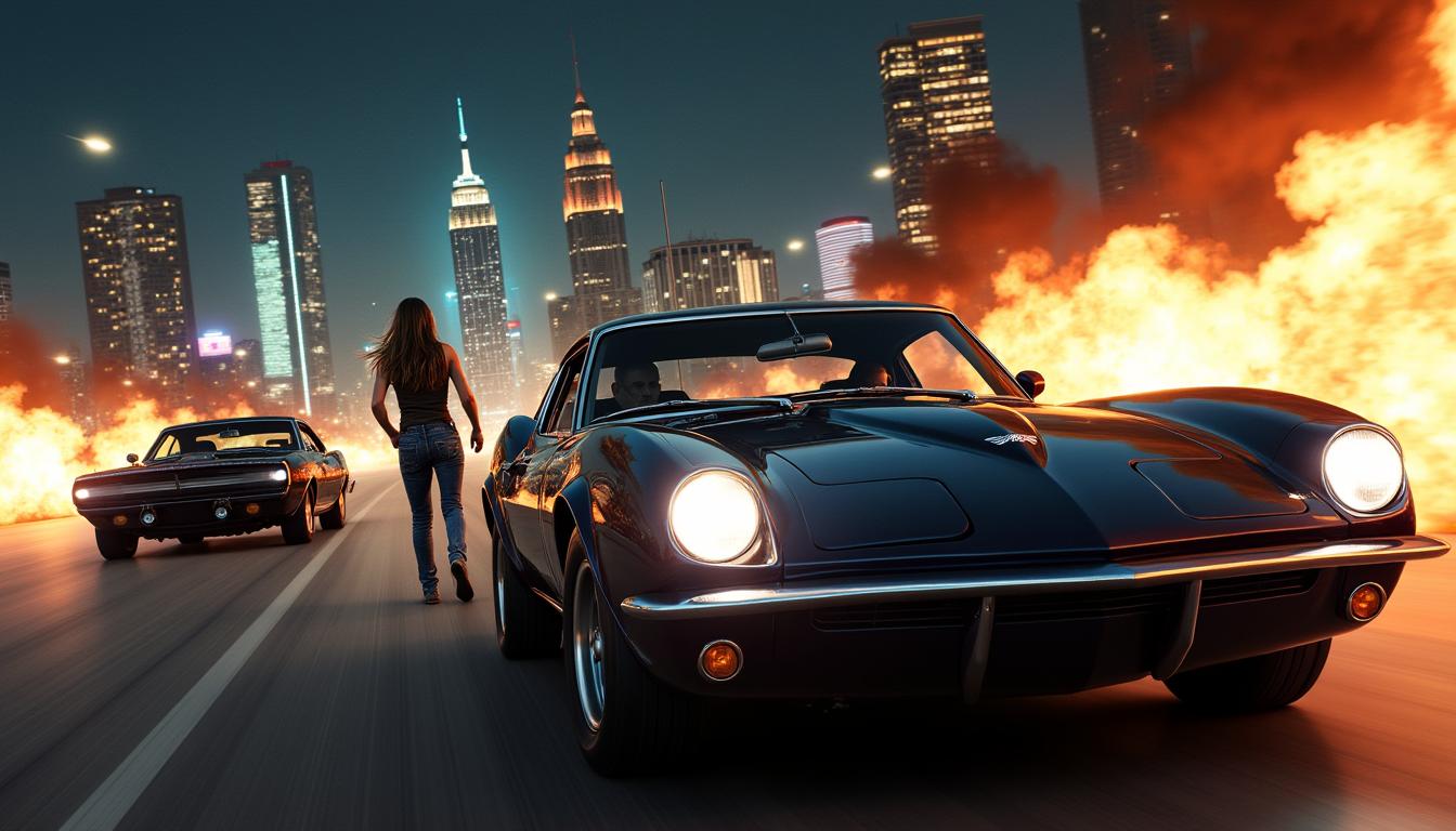 An action-packed scene inspired by the Fast & Furious franchise, featuring high-octane car chases and explosive stunts