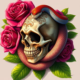 A beautifully detailed 2D illustration featuring a skull intertwined with a snake, elegantly wrapped around it
