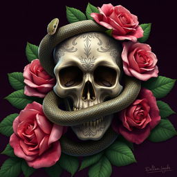 A beautifully detailed 2D illustration featuring a skull intertwined with a snake, elegantly wrapped around it