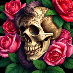 A beautifully detailed 2D illustration featuring a skull intertwined with a snake, elegantly wrapped around it