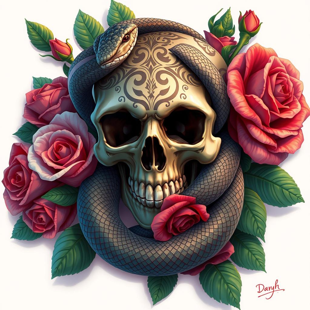 A beautifully detailed 2D illustration featuring a skull intertwined with a snake, elegantly wrapped around it