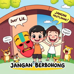 A vibrant cartoon illustration depicting the theme 'Jangan Berbohong' (Don't Lie)