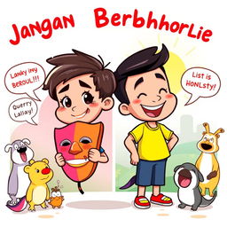A vibrant cartoon illustration depicting the theme 'Jangan Berbohong' (Don't Lie)